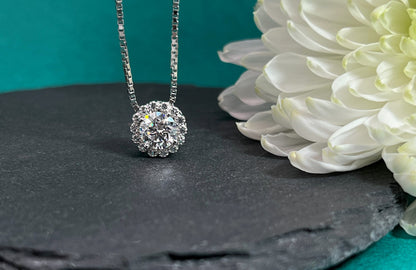Moissanite Halo Necklace: 1.5Ct Sterling Silver Cluster Pendant
