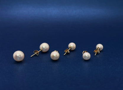 14k Gold Freshwater Pearl Stud Earrings: 6-8mm Genuine Pearl