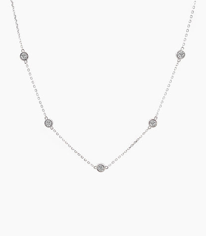 Moissanite Bezel Station Necklace: Rhodium Plated Sterling Silver, 1 CTTW