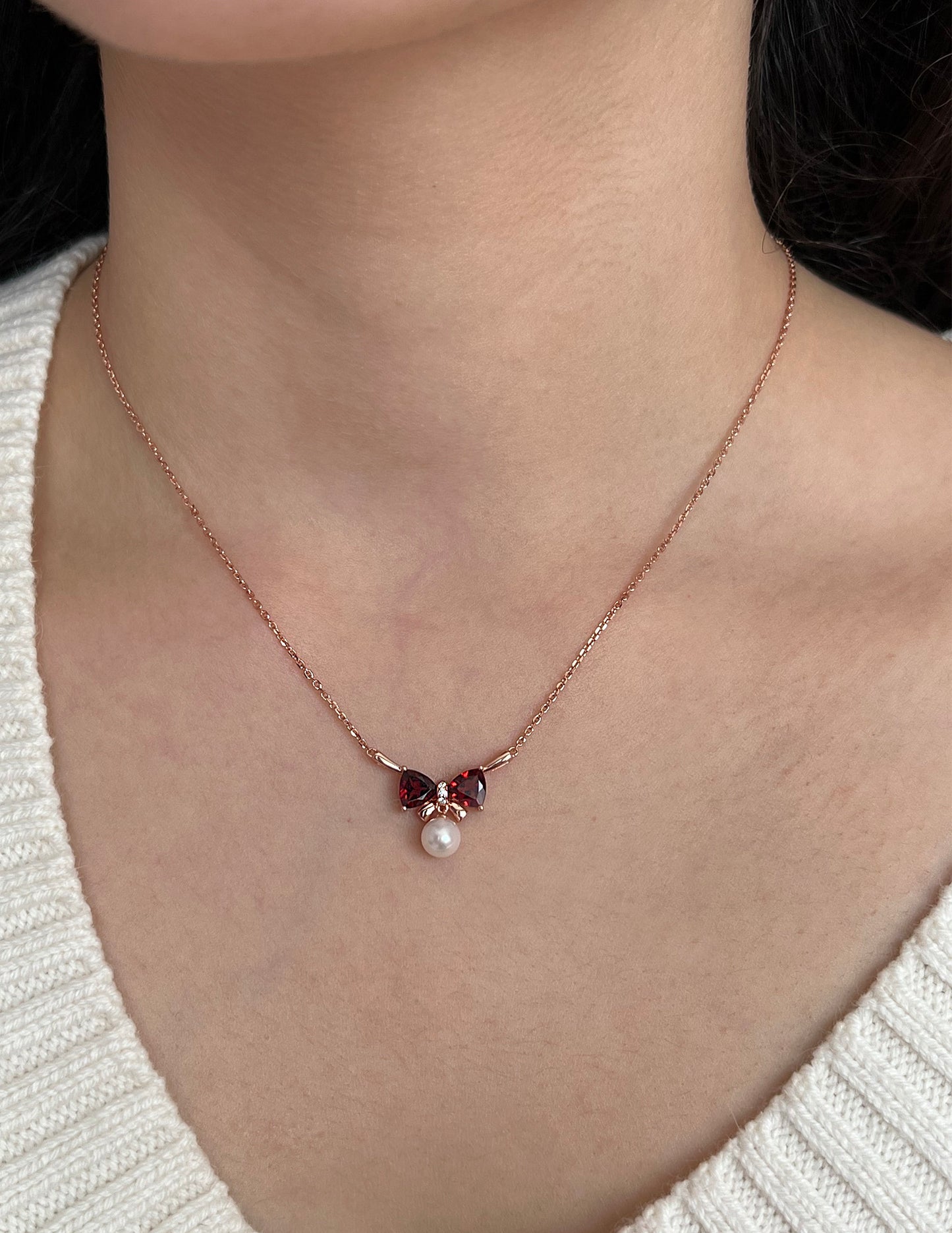 Rose Gold Bow Necklace: Garnet & Freshwater Pearl Pendant, Sterling Silver