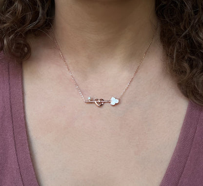 Rose Gold Heart Key Necklace: Mother of Pearl, Moissanite Accents