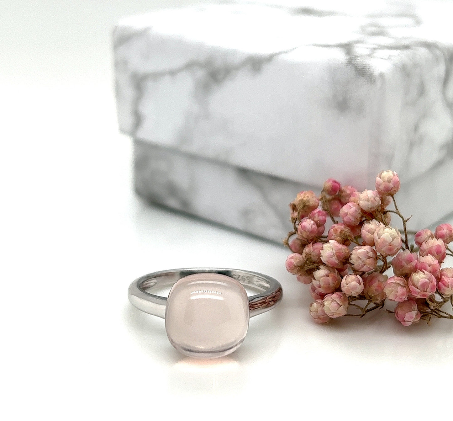 Handmade Cushion Cut Rose Quartz Ring: Sterling Silver, Size 7