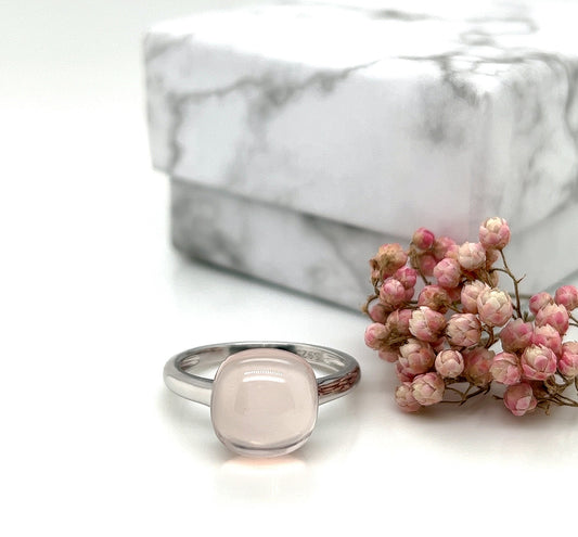 Handmade Cushion Cut Rose Quartz Ring: Sterling Silver, Size 7