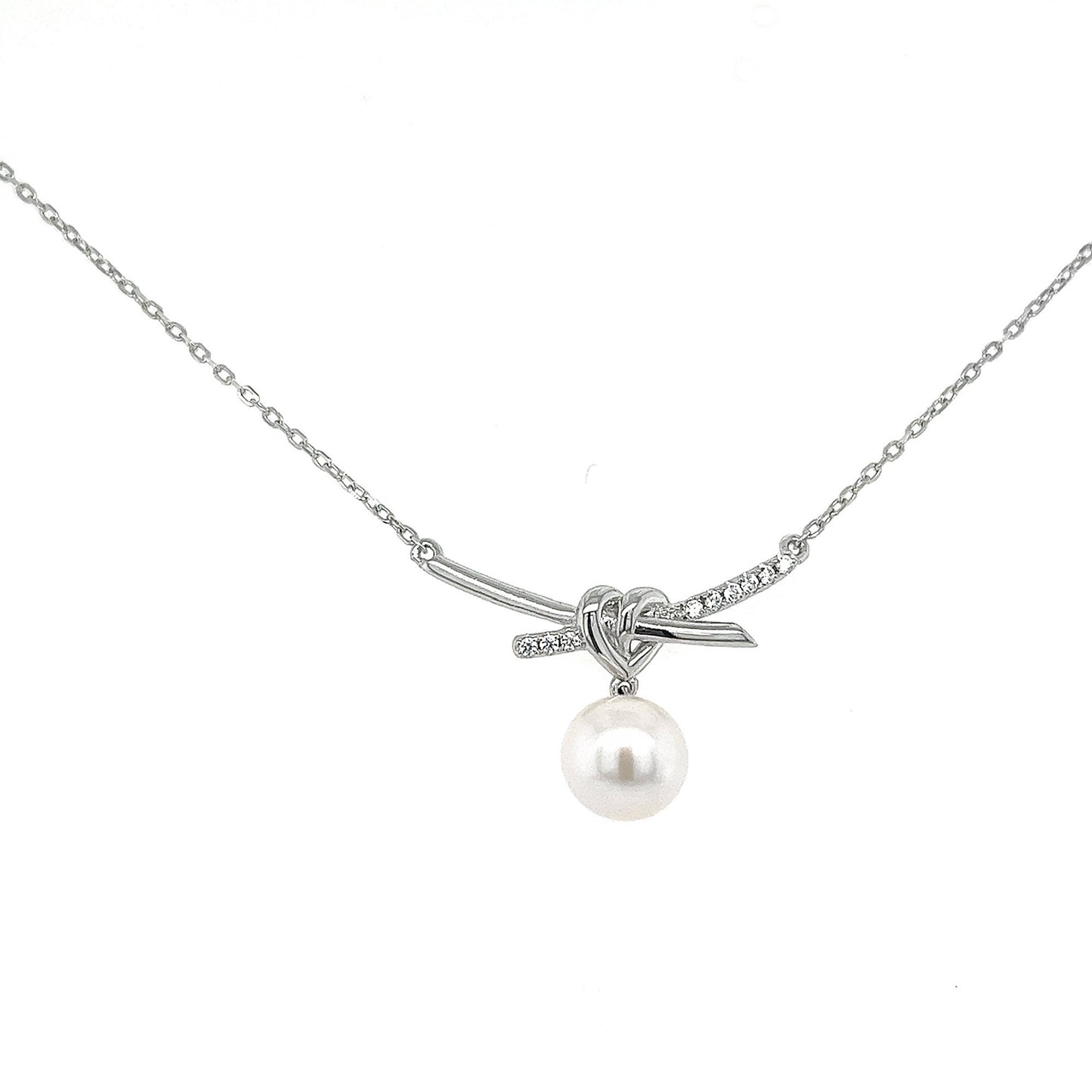 Love Knot Pearl Necklace: Rhodium Sterling Silver Heart Pendant