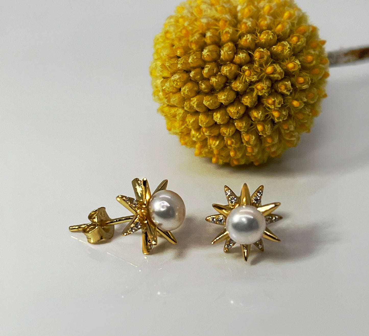 Pearl Star Stud Earrings: Yellow Gold Plated Sterling Silver, CZ