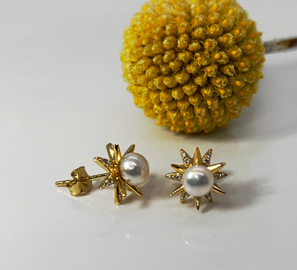Pearl Star Stud Earrings: Yellow Gold Plated Sterling Silver, CZ