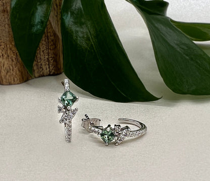 Green & White Sapphire Hoop Earrings: Sterling Silver Flower J Hoops