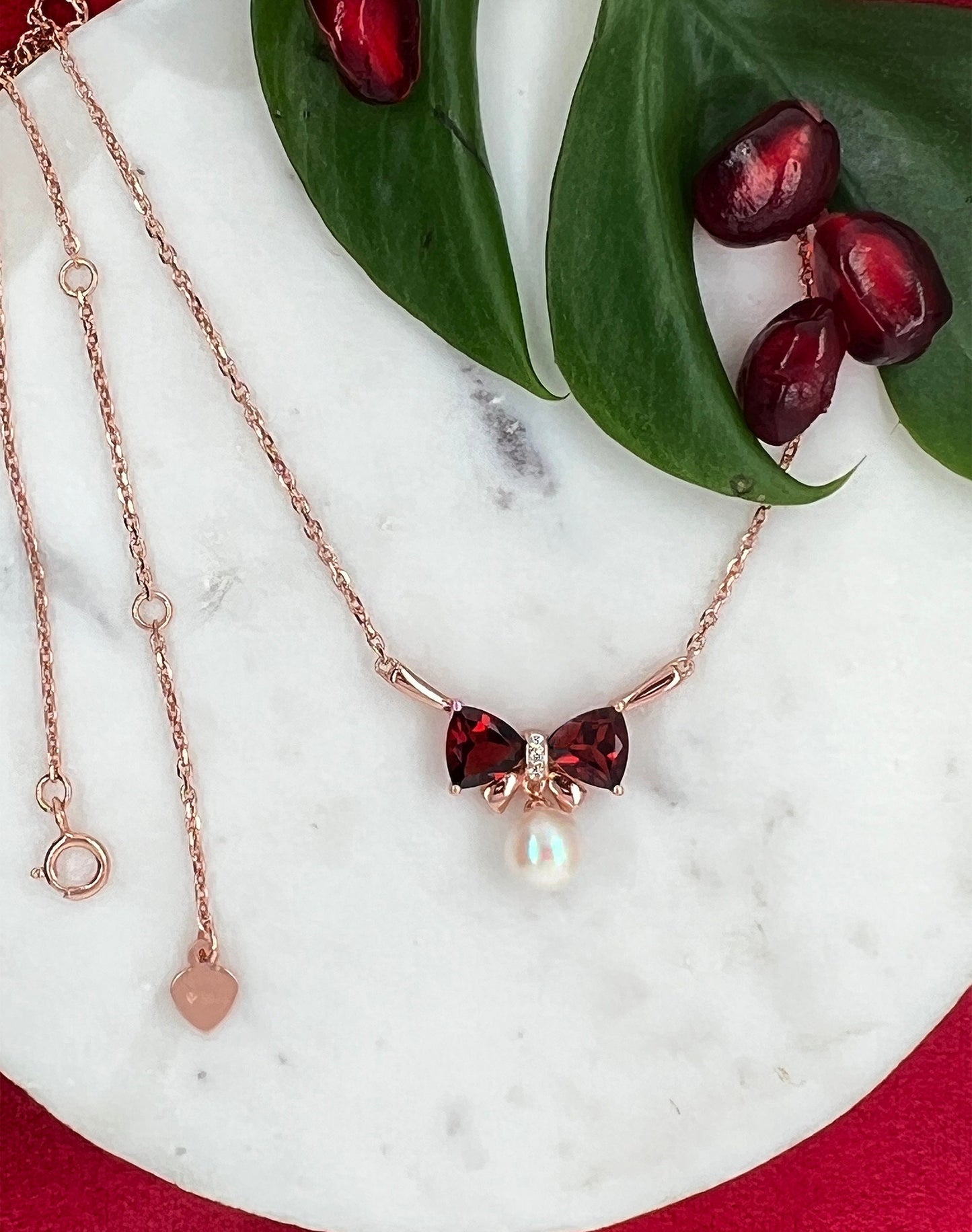 Rose Gold Bow Necklace: Garnet & Freshwater Pearl Pendant, Sterling Silver