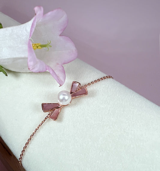 Rose Gold Bow Pearl Bracelet: Sterling Silver, Mother-of-Pearl Charm