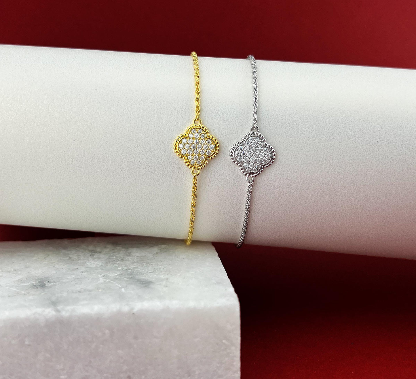 Moissanite Four Leaf Clover Bracelet: 18K Gold or Sterling Silver