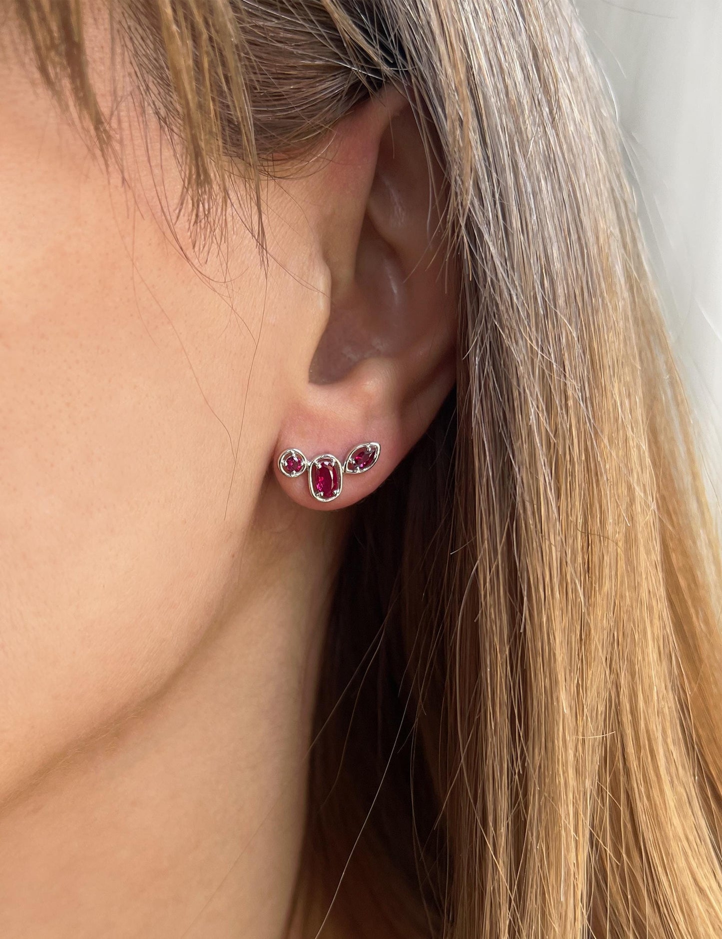 Ruby Ear Climber Stud Earrings: Rhodium Plated Sterling Silver