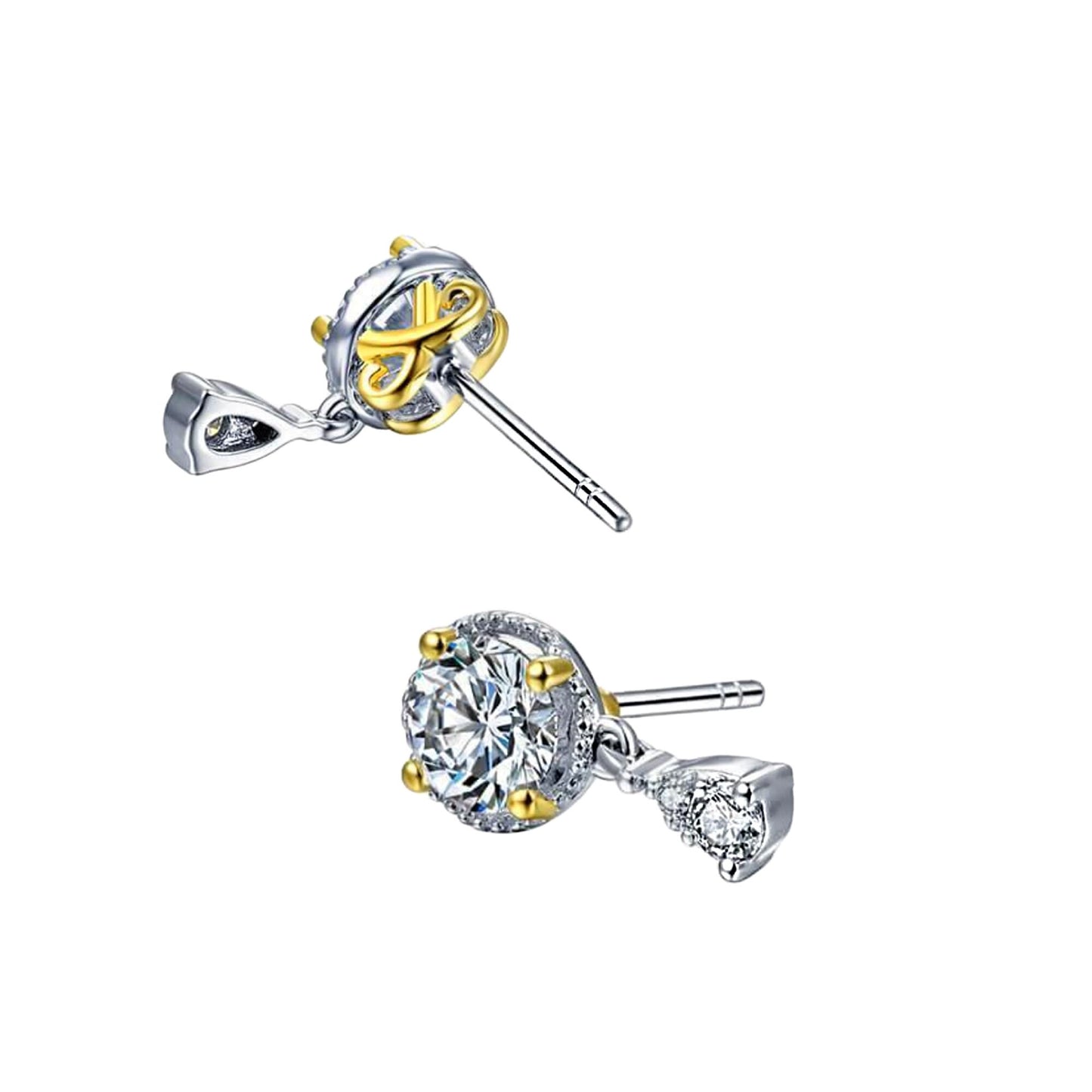 Moissanite Halo Dangle Earrings: Two-Tone Sterling Silver Studs