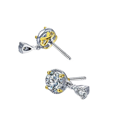 Moissanite Halo Dangle Earrings: Two-Tone Sterling Silver Studs