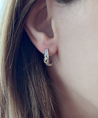 Two-Tone Twisted Moissanite J-Hoop Earrings: 14K Gold & Sterling Silver