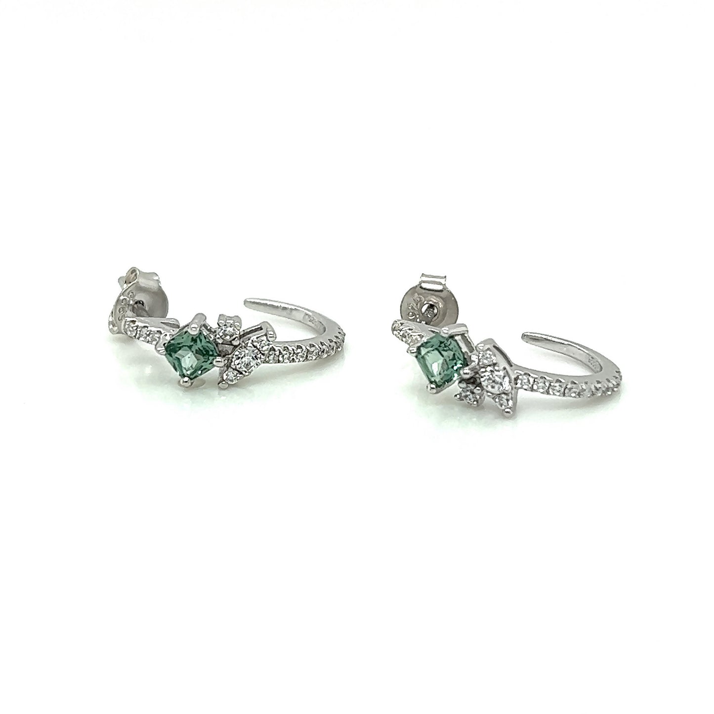 Green & White Sapphire Hoop Earrings: Sterling Silver Flower J Hoops
