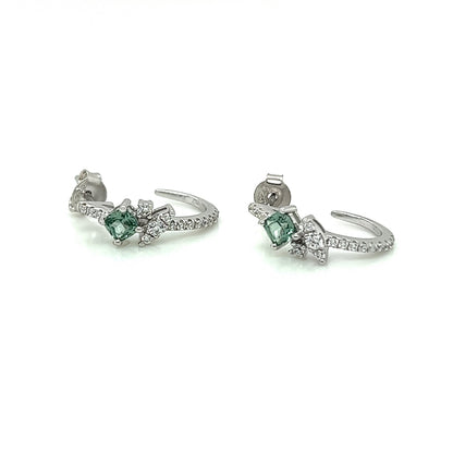 Green & White Sapphire Hoop Earrings: Sterling Silver Flower J Hoops