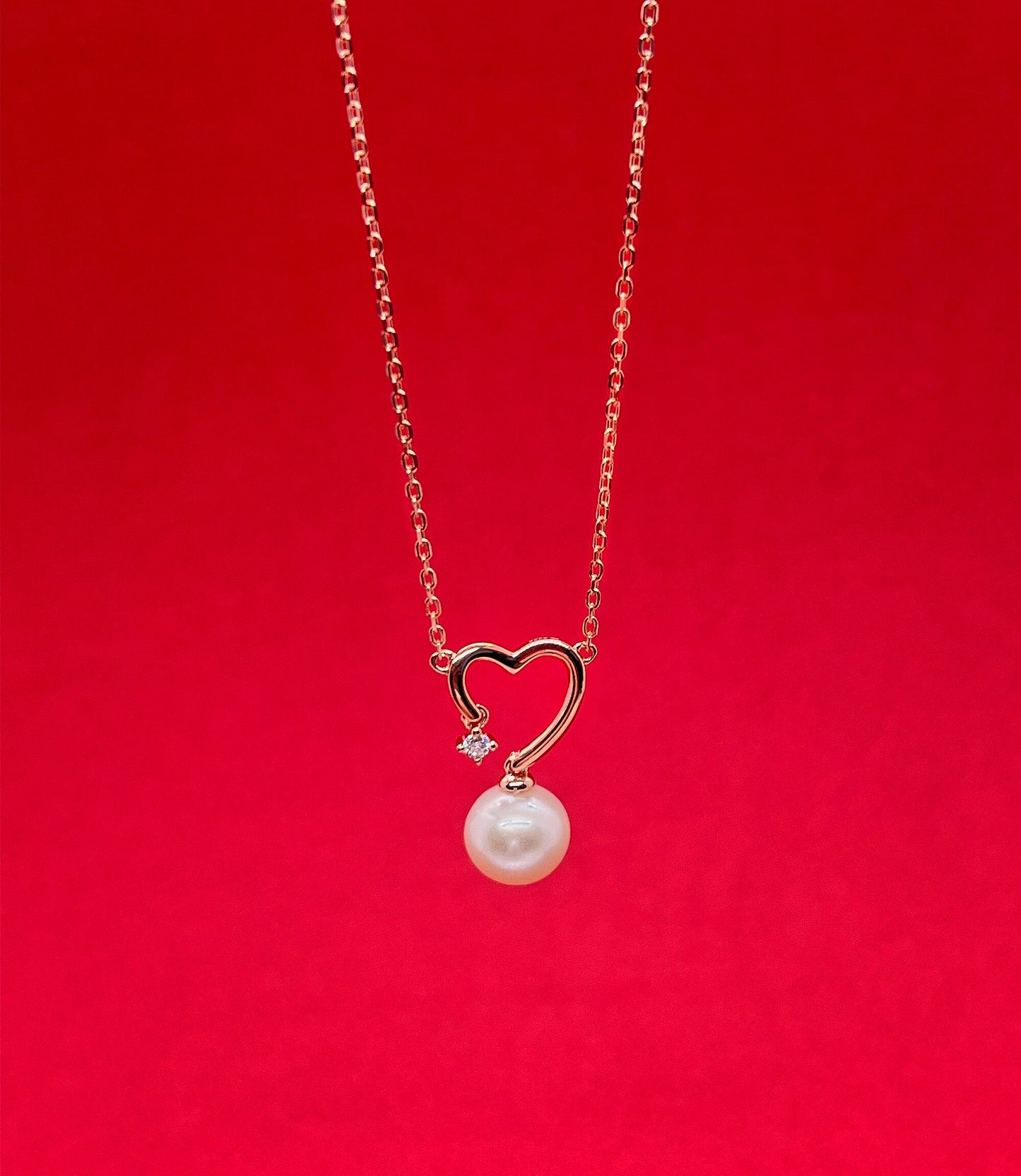 Moissanite & Pearl Heart Pendant Necklace: 14K Rose Gold Sterling Silver