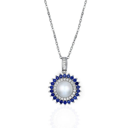 Freshwater Pearl & Blue Sapphire Halo Pendant: Rhodium-Plated Silver Necklace