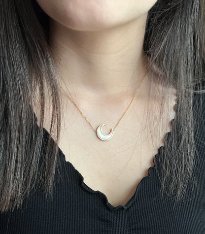 Moissanite Crescent Moon Necklace: 14K Gold Plated Sterling Silver, Mother-of-Pearl Pendant