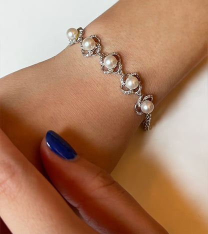Moissanite Flower Bracelet: Freshwater Pearl, Rhodium Sterling Silver Bridal Jewelry