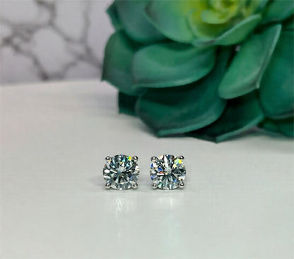 Certified Moissanite Stud Earrings – Unisex Round Solitaire Earrings in Rhodium Plated Sterling Silver, Diamond Alternative 4-Prong Studs