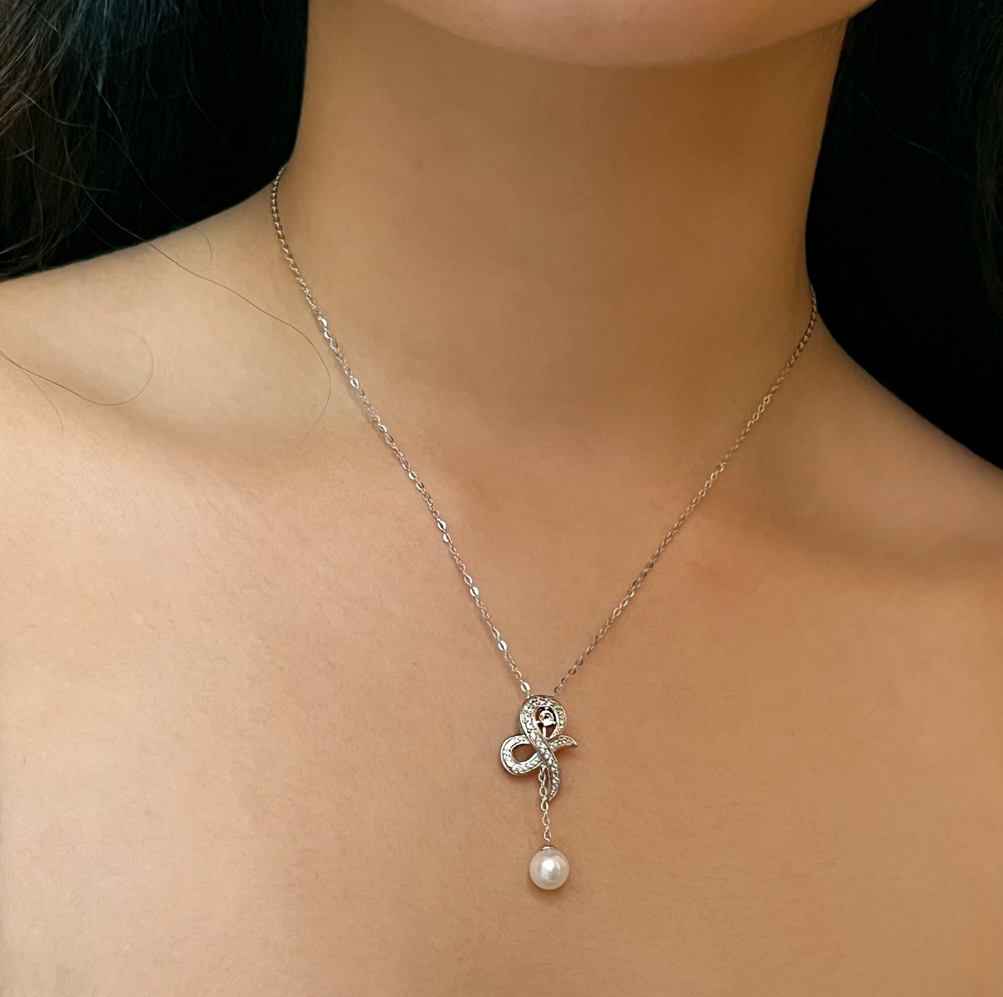Moissanite Bow Necklace: Sterling Silver Pearl Dangle Bridal Pendant