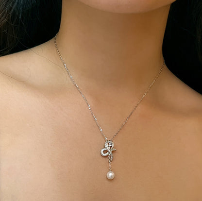 Moissanite Bow Necklace: Sterling Silver Pearl Dangle Bridal Pendant