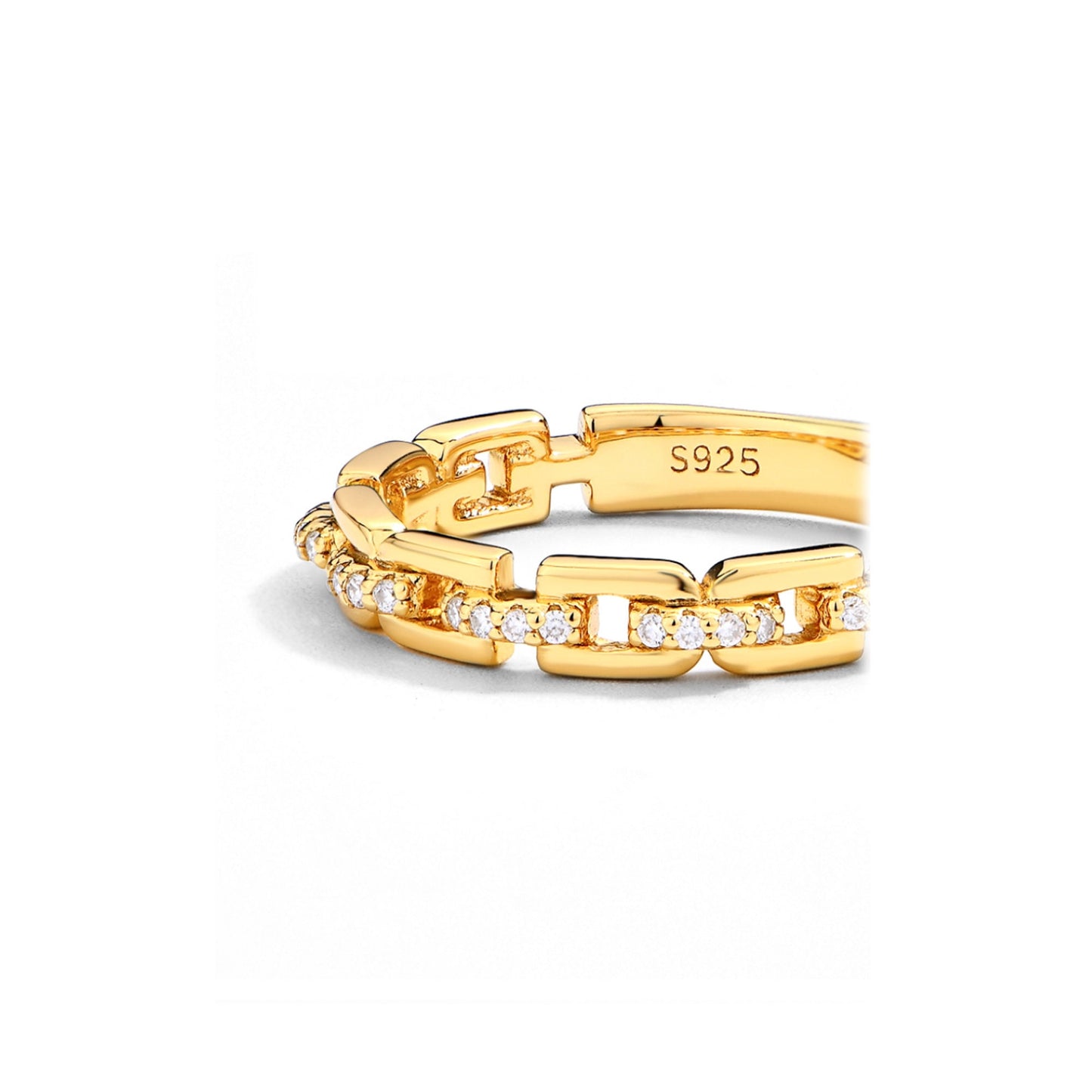 Moissanite Chain Link Ring: 18K Gold Plated Sterling Silver