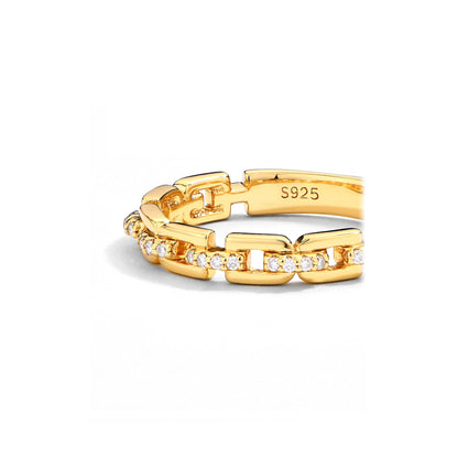 Moissanite Chain Link Ring: 18K Gold Plated Sterling Silver