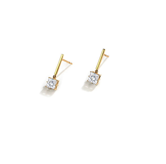 Moissanite Bar Stud Earrings: 1Ct Princess Cut, 14K Gold Plated Silver
