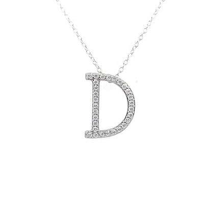 Moissanite Initial Necklace: Rhodium Plated Sterling Silver Letter Pendant
