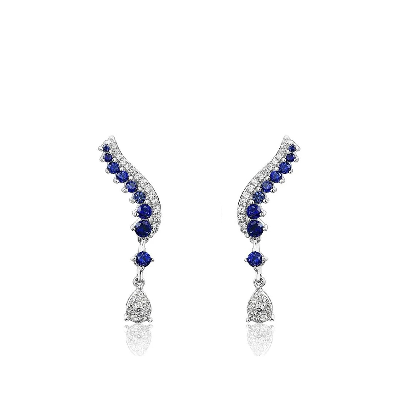 Blue Sapphire Earrings in Rhodium Plated Sterling Silver, Leaf Climber Earrings, Sapphire Bridal Earrings,ar Climber Floral Earring for Her