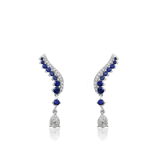 Blue Sapphire Earrings in Rhodium Plated Sterling Silver, Leaf Climber Earrings, Sapphire Bridal Earrings,ar Climber Floral Earring for Her