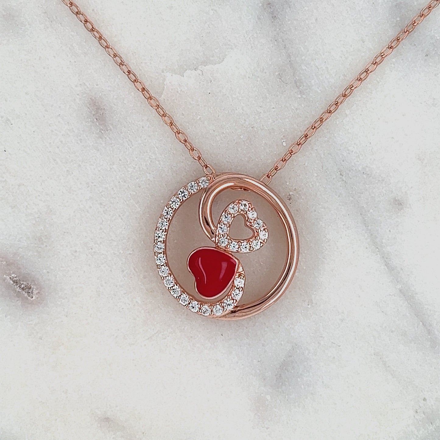 Rose Gold Sterling Silver Heart Necklace: Red Enamel CZ Pendant