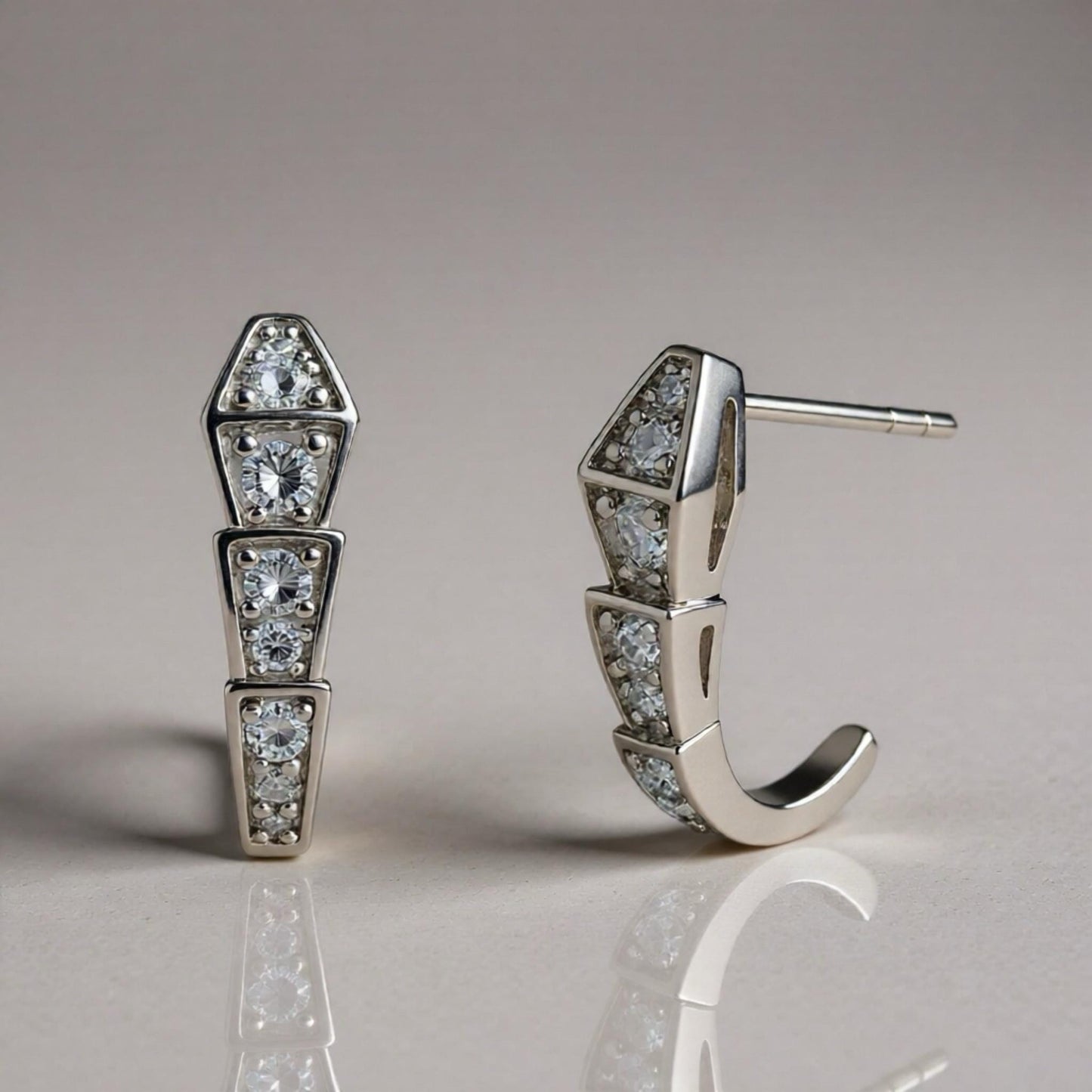 Certified Moissanite Serpenti Earrings, Platinum Plated 925 Sterling Silver Snake J Hoops, Graduated Hoop Earrings for Women