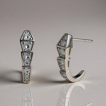 Certified Moissanite Serpenti Earrings, Platinum Plated 925 Sterling Silver Snake J Hoops, Graduated Hoop Earrings for Women
