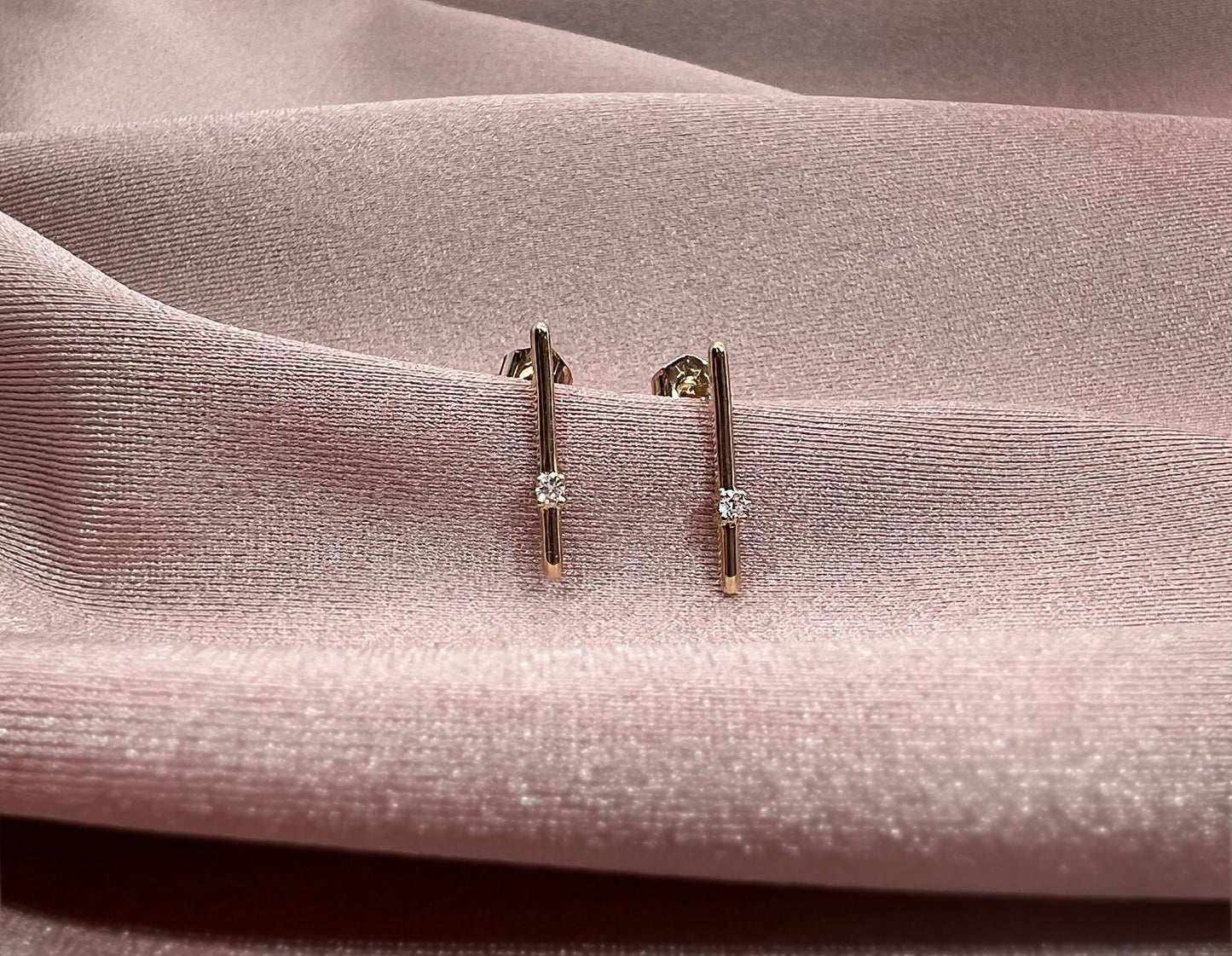 14K Yellow Gold Diamond Bar Earrings: Minimalist Studs