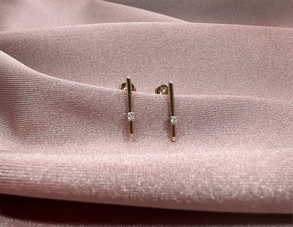 14K Yellow Gold Diamond Bar Earrings: Minimalist Studs