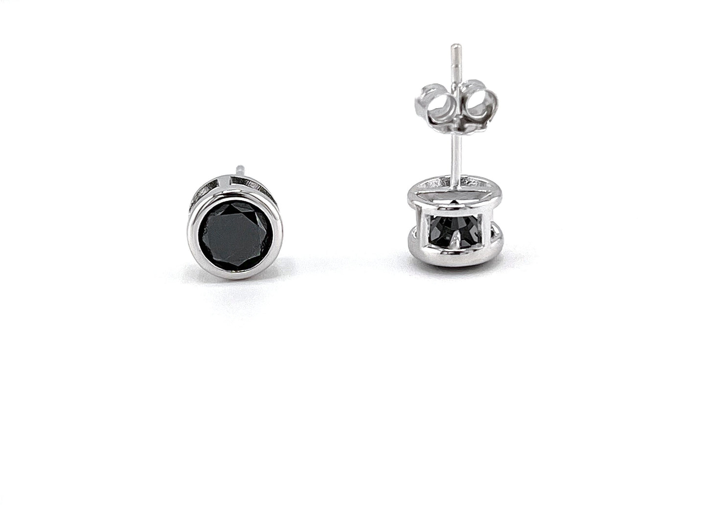 Black Diamond Stud Earrings: .925 Sterling Silver Bezel Solitaire