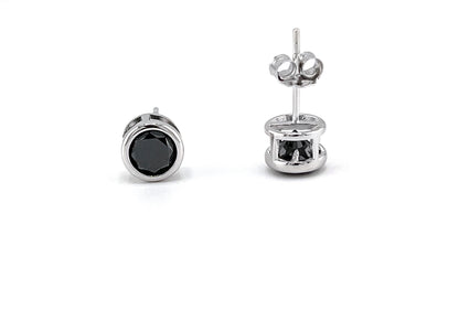 Black Diamond Stud Earrings: .925 Sterling Silver Bezel Solitaire