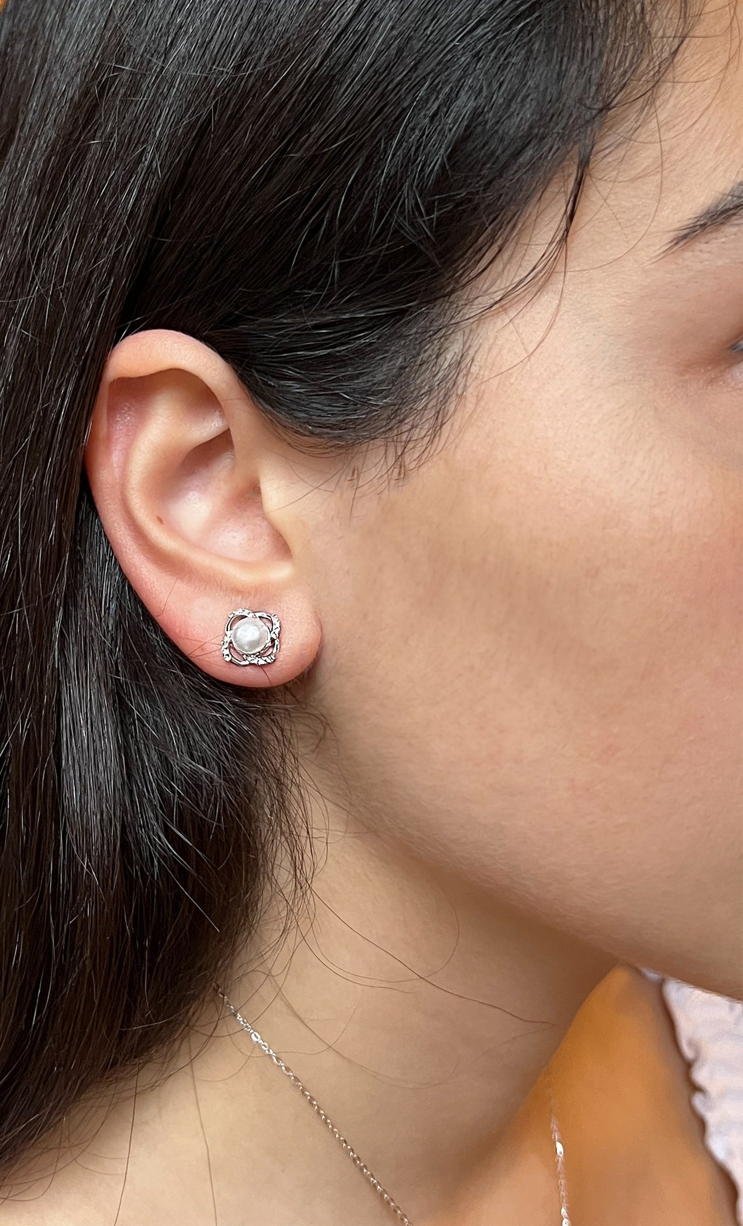 Moissanite and Pearl Flower Stud Earrings, Sterling Silver