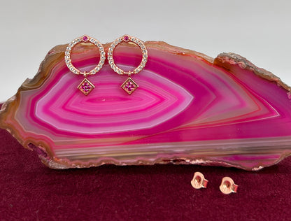 Ruby & White Sapphire Circle Earrings: Rose Gold Sterling Silver Dangle Studs