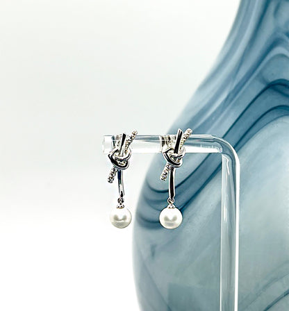 Sterling Silver Pearl Drop Earrings: CZ Heart Dangle, Bridal Jewelry