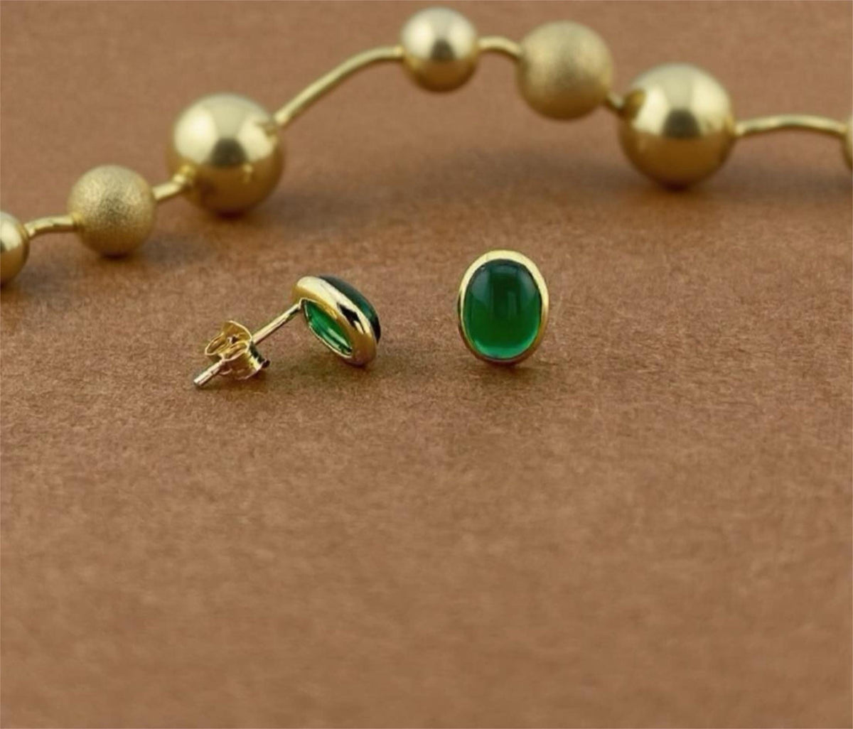 Emerald Stud Earrings: 18K Gold Plated Sterling Silver Bezel