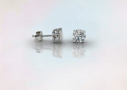 Certified Moissanite Stud Earrings – Unisex Round Solitaire Earrings in Rhodium Plated Sterling Silver, Diamond Alternative 4-Prong Studs