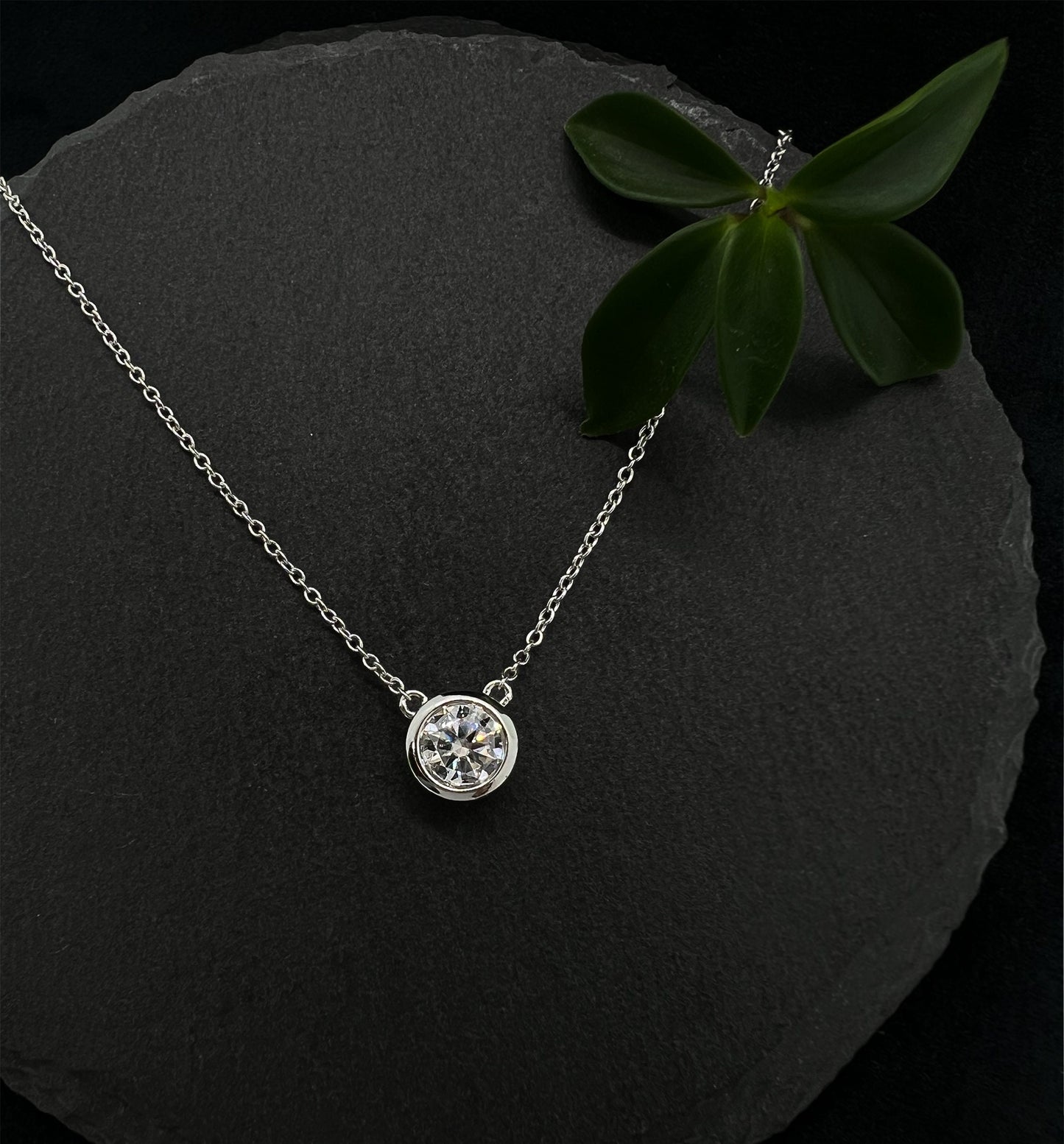1 Carat Moissanite Solitaire Necklace: 14K Gold or Sterling Silver Bezel Pendant