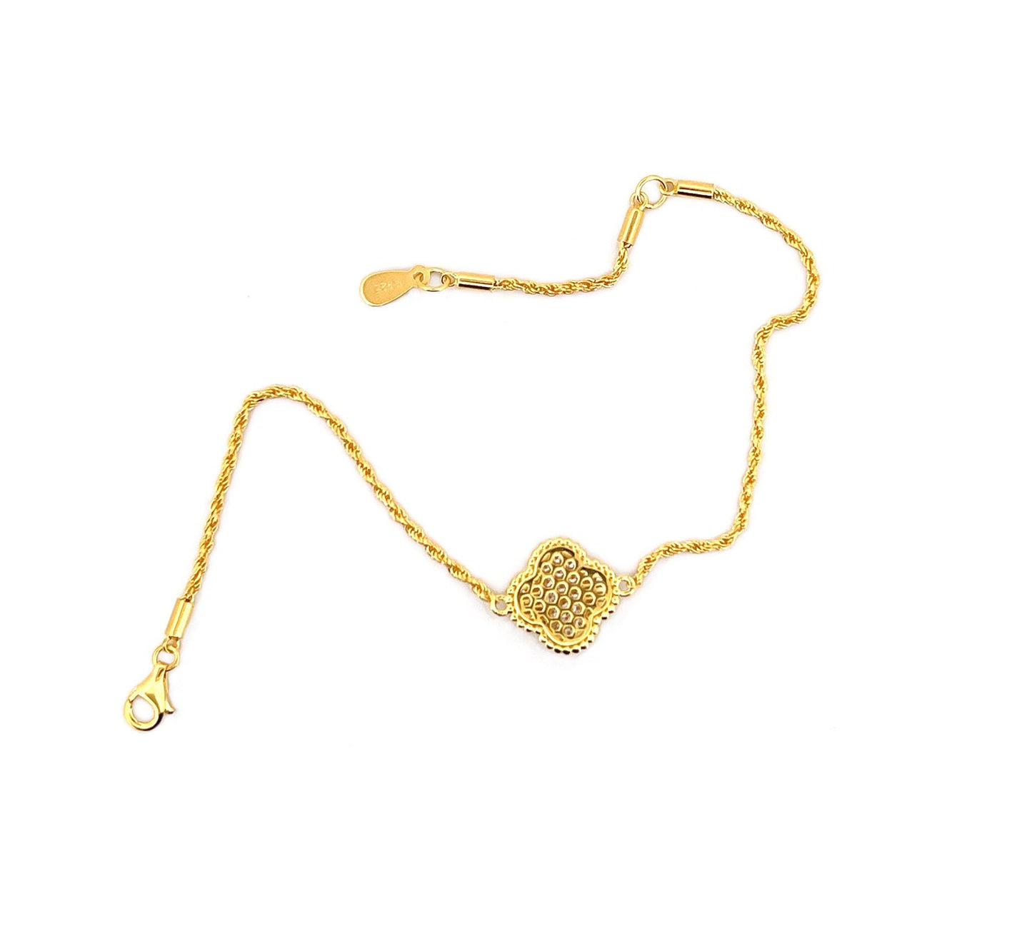 Moissanite Four Leaf Clover Bracelet, 18K Gold-Plated or Rhodium Plated Sterling Silver Lucky Charm, Adjustable Pavé Bracelet, Gift for Her