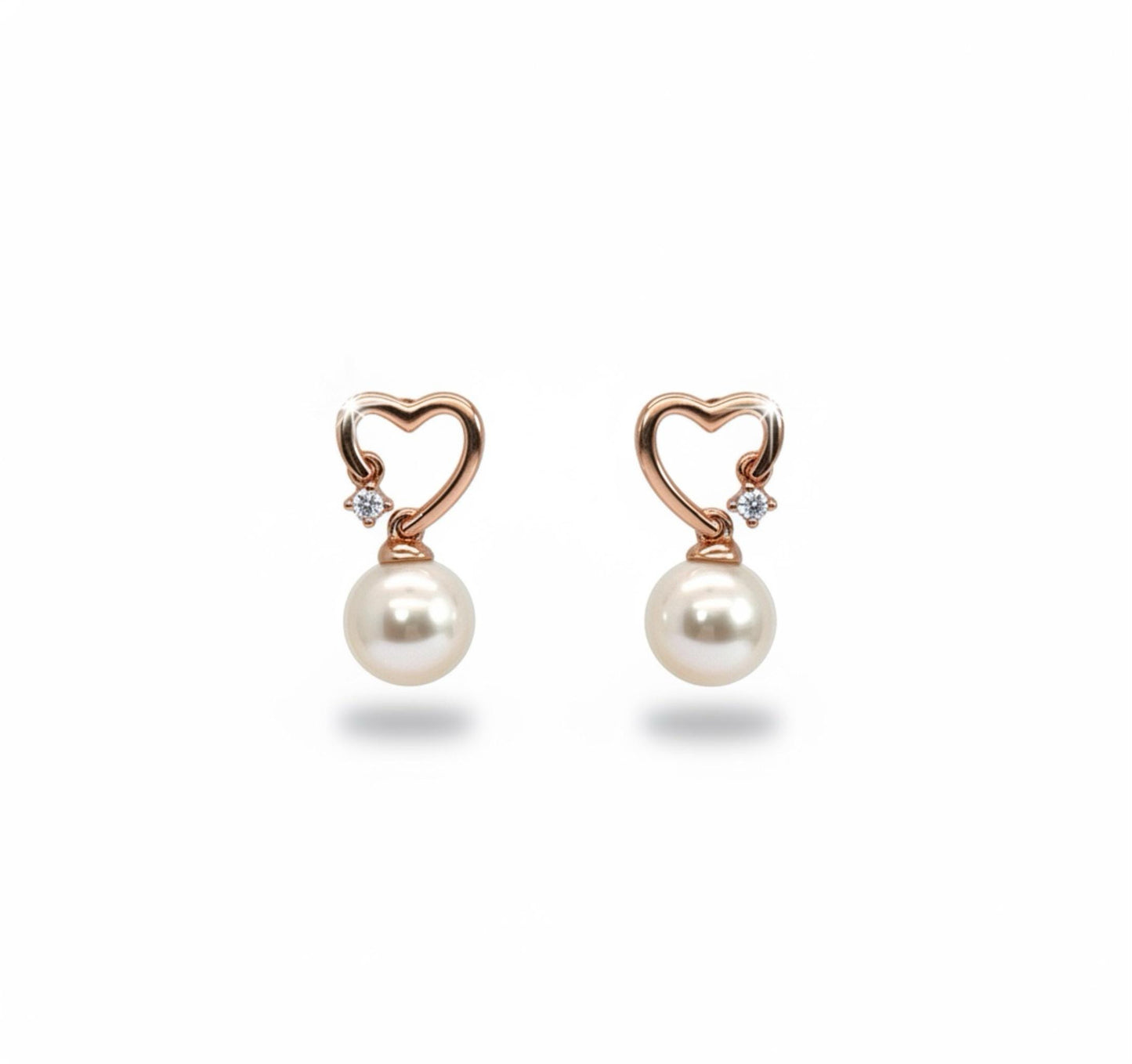 Moissanite Pearl Heart Earrings: 14K Rose Gold Plated Sterling Silver