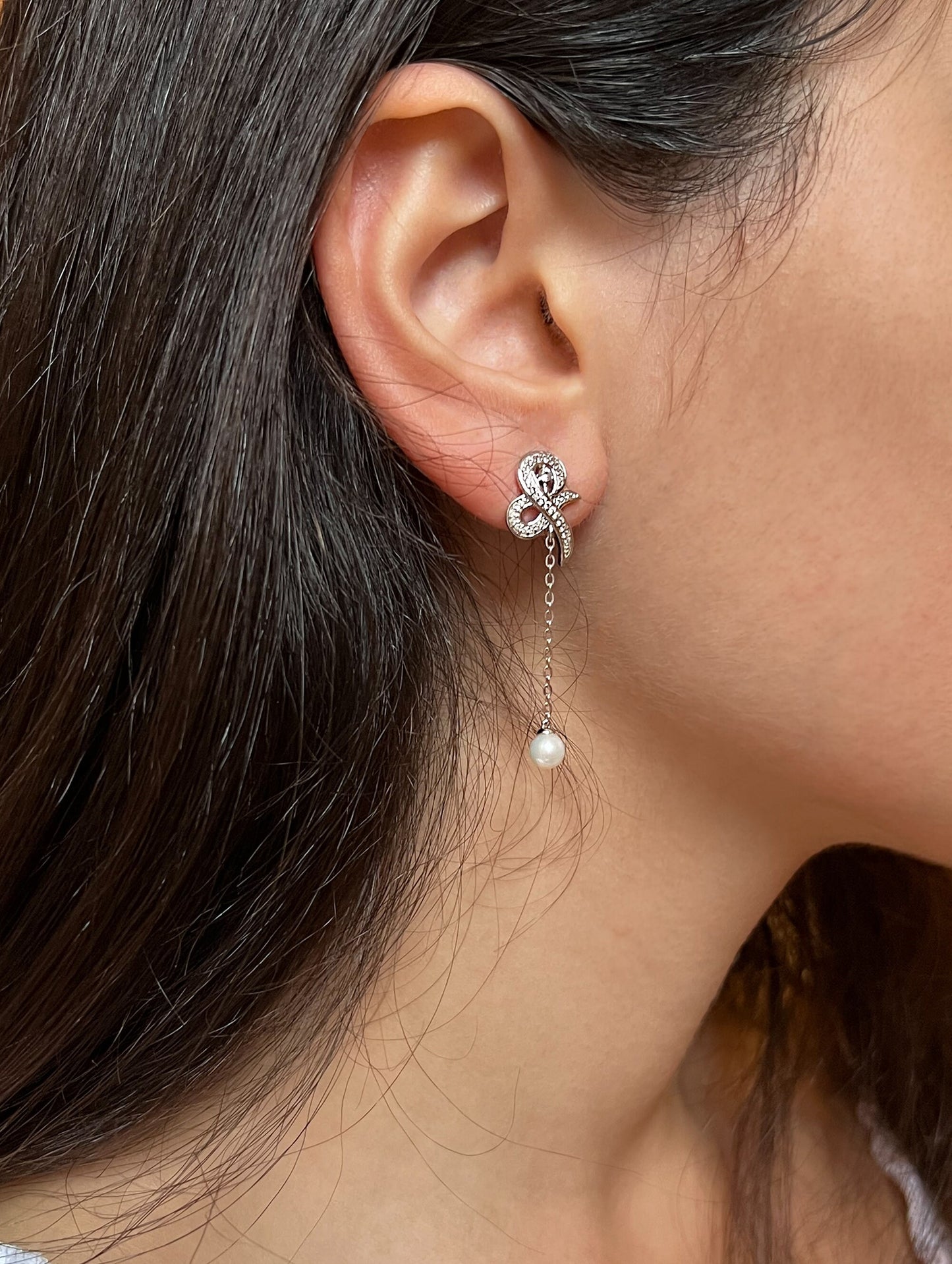 Moissanite Pearl Dangle Earrings: Sterling Silver Bridal Jewelry