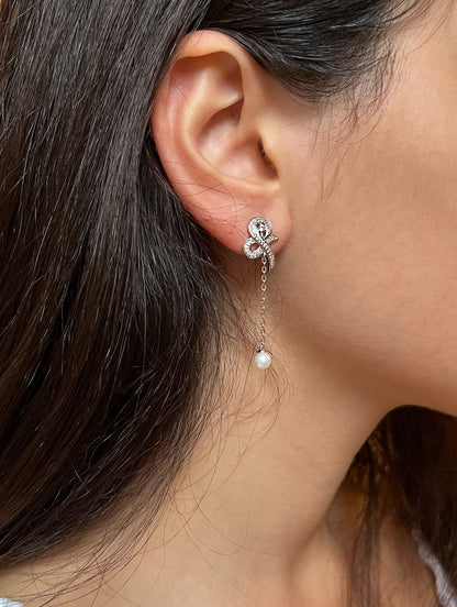 Moissanite Pearl Dangle Earrings: Sterling Silver Bridal Jewelry